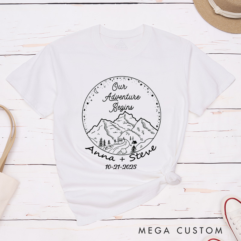 Personalized Rustic Mountain Our Adventure Begins Newlyweds Wedding Couple Classic T-Shirt