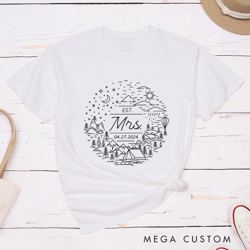Personalized Charming Mr and Mrs Scenic Adventure Line Art Wedding Couple Classic T-Shirt