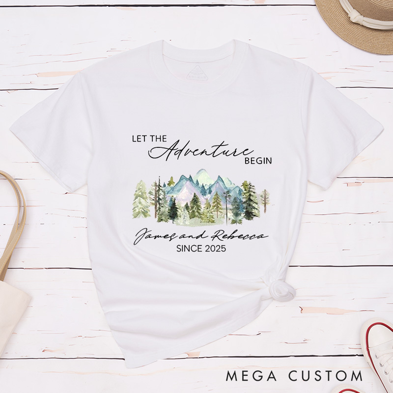 Personalized Mountain Scenic Let the Adventure Begin Newlyweds Wedding Couple Classic T-Shirt