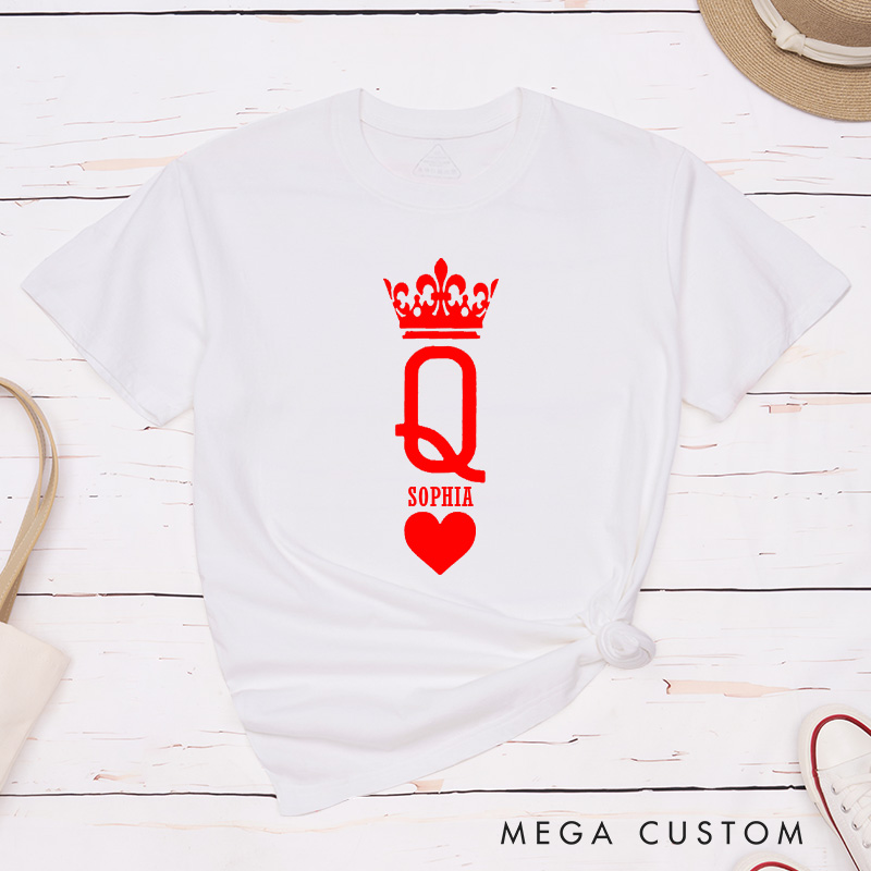 Personalized Minimalist Couple King and Queen with Crown Matching T-Shirt with Name Valentine's Day T-Shirt for Husband Wife Boyfriend Girlfriend Gift