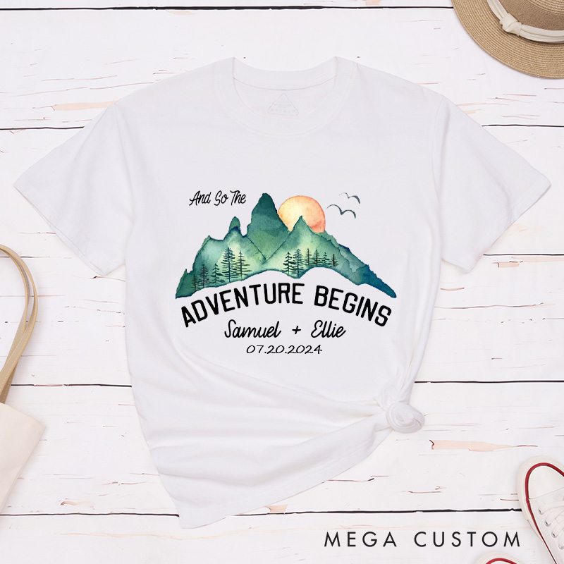 Personalized Scenic And So The Adventure Begins Newlyweds Wedding Couple Classic T-Shirt