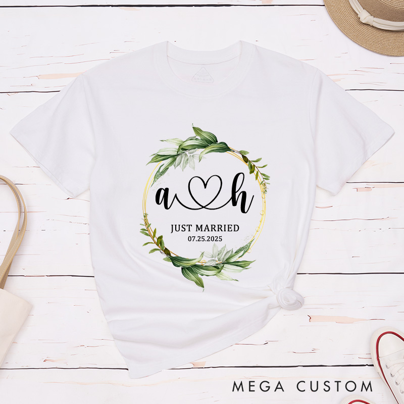 Personalized Romantic Botanical Just Married with Initials Wedding Couple Classic T-Shirt