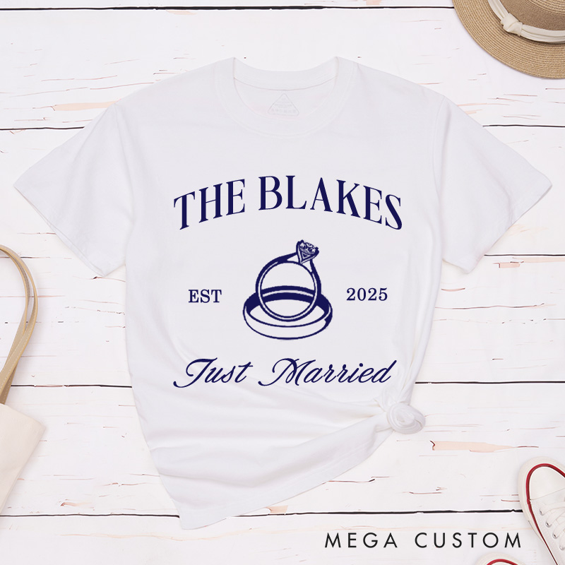 Personalized Elegant Just Married Wedding Rings Newlyweds Wedding Couple Classic T-Shirt