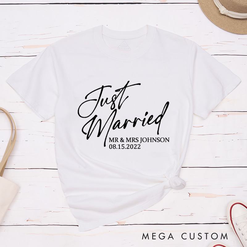 Personalized Modern Just Married Newlyweds Wedding Couple Classic T-Shirt