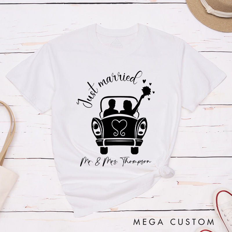 Personalized Romantic Just Married with Wedding Car Wedding Couple Classic T-Shirt