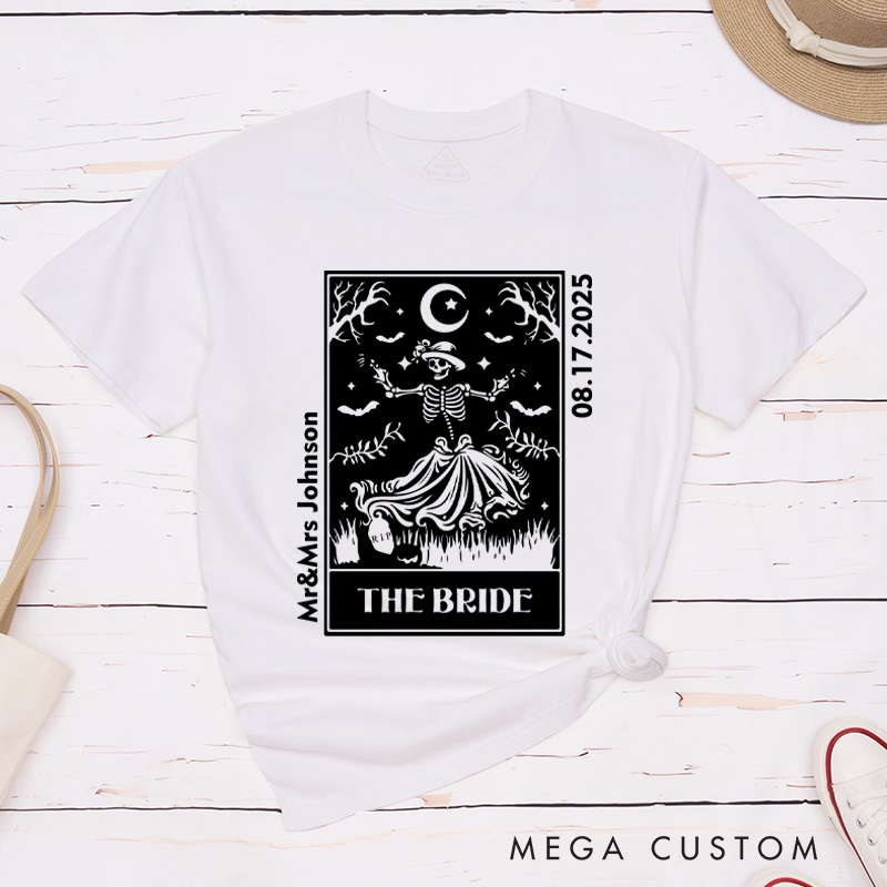 Personalized Whimsical Tarot Card Skeleton Bride and Groom Wedding Couple Classic T-Shirt