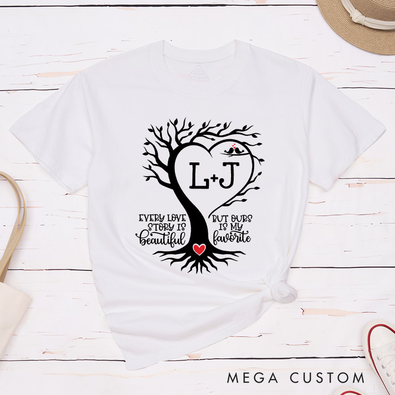 Personalized Couple Heart-Shaped Tree Matching T-Shirt with Initials Valentine's Day Classic T-Shirt for Husband Wife Boyfriend Girlfriend Gift