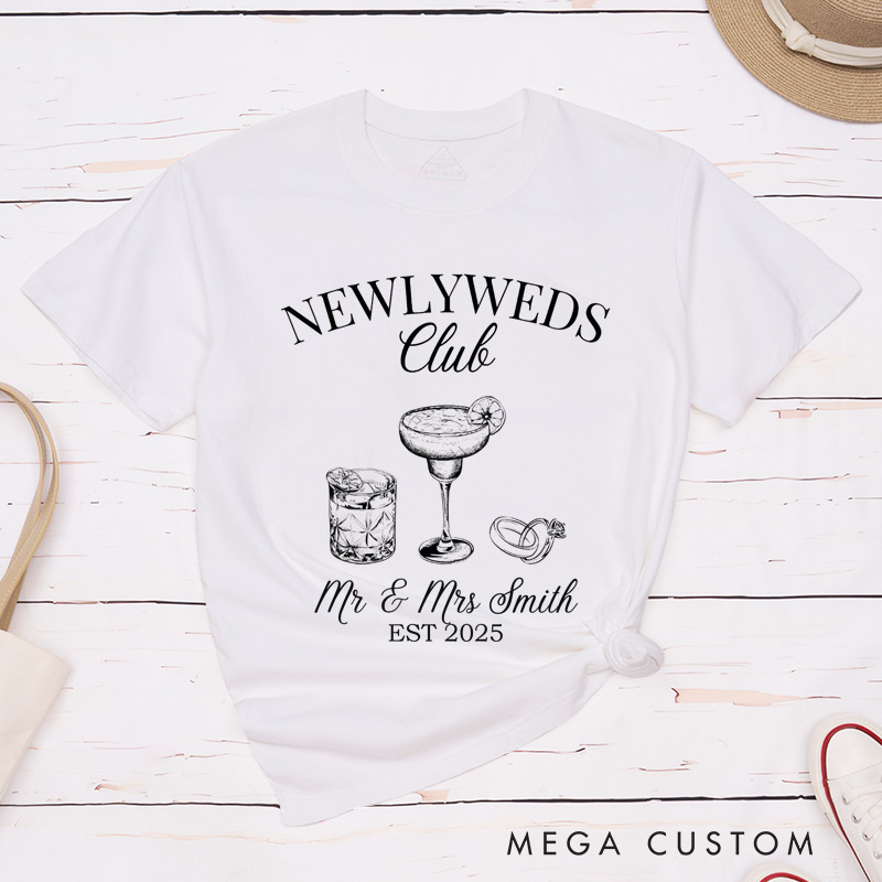 Personalized Rustic Newlyweds Club with Cocktails Mr and Mrs Wedding Couple Classic T-Shirt