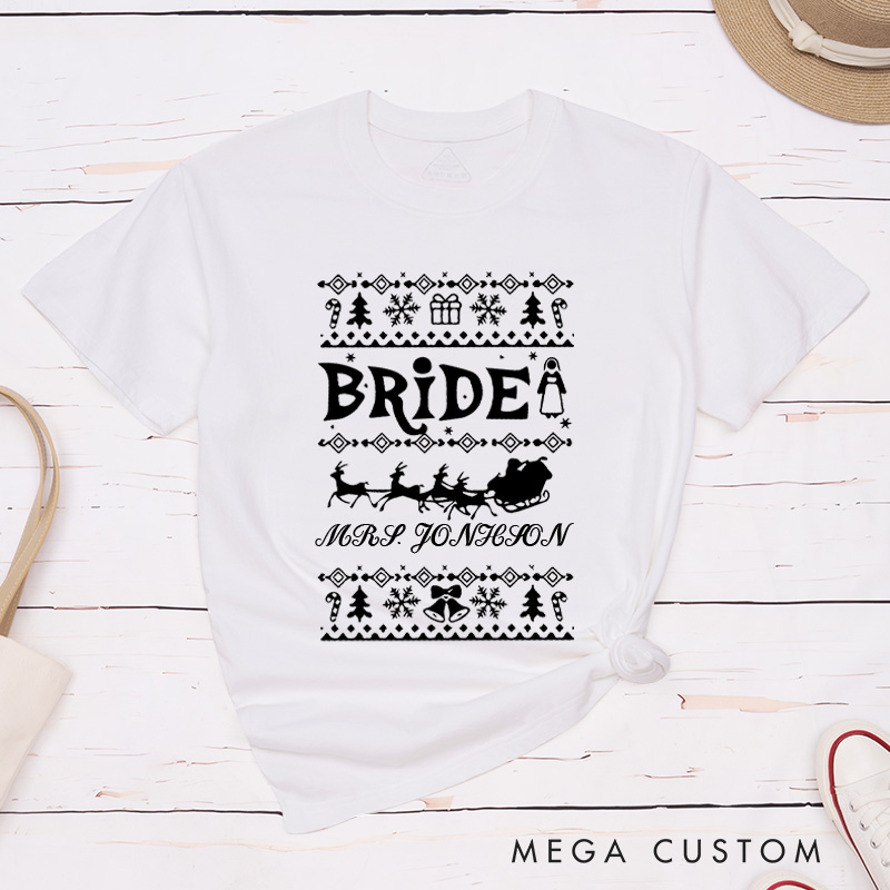Personalized Christmas Bride and Groom with Reindeer and Sleighs Matching Wedding Couple Classic T-Shirt
