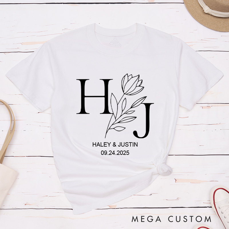 Personalized Elegant Floral with Initials Wedding Couple Classic T-Shirt