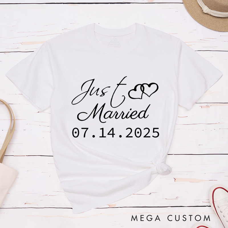 Personalized Elegant Just Married with Hearts Wedding Couple Classic T-Shirt