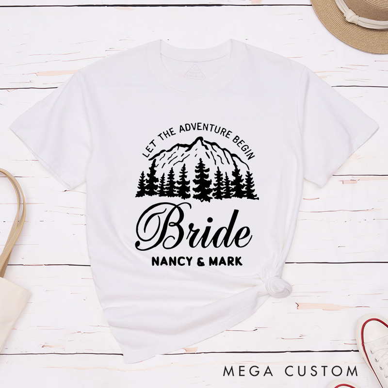 Personalized Mountain Serene Let The Adventure Begin Bride and Groom Wedding Couple Classic T-Shirt