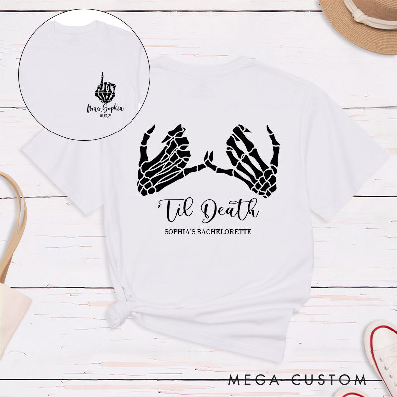 Personalized Funny Bride Skull Hand with Ring Halloween Matching T-Shirt Mrs. Bride ‘Til Death T-Shirt Wedding Bachelorette Party Gift