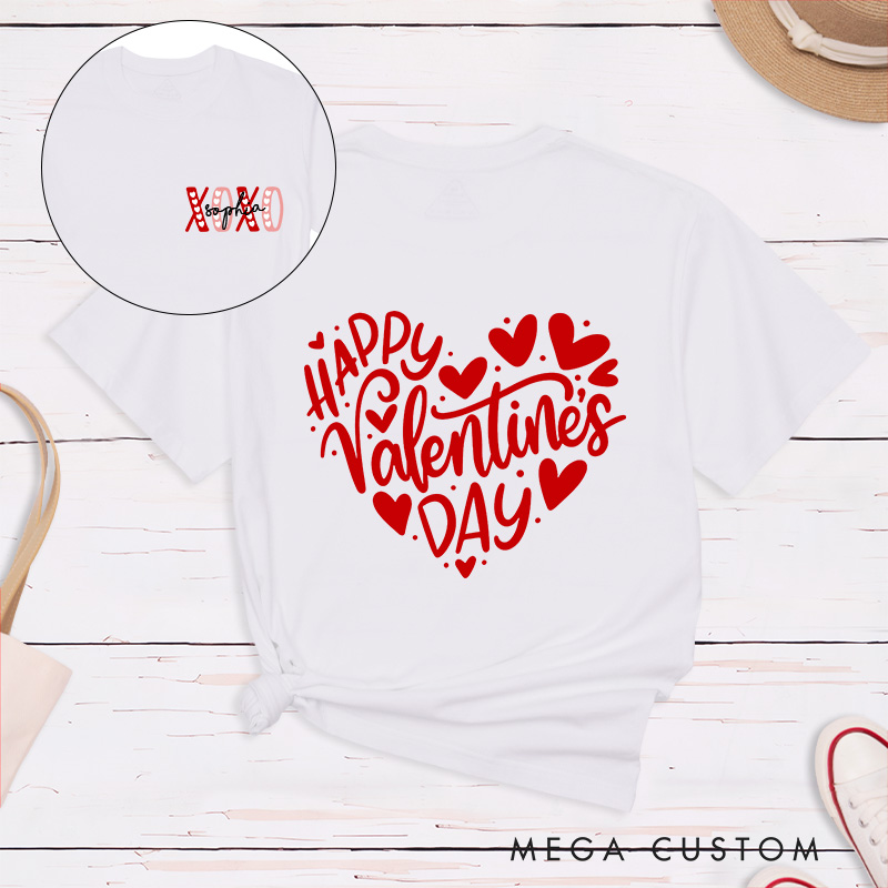Personalized Couple Happy Valentine's Day Matching T-Shirt XOXO with Name T-Shirt for Husband Wife Boyfriend Girlfriend Gift for Hubby Wifey