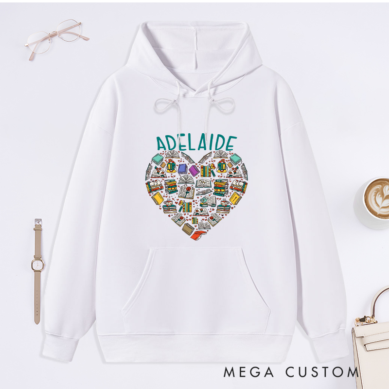 Personalized Books Heart Classic Hoodies Custom Book Lover Hoodies with Name Reading Hoodies Librarian Gift Book Lover Gift for Reader