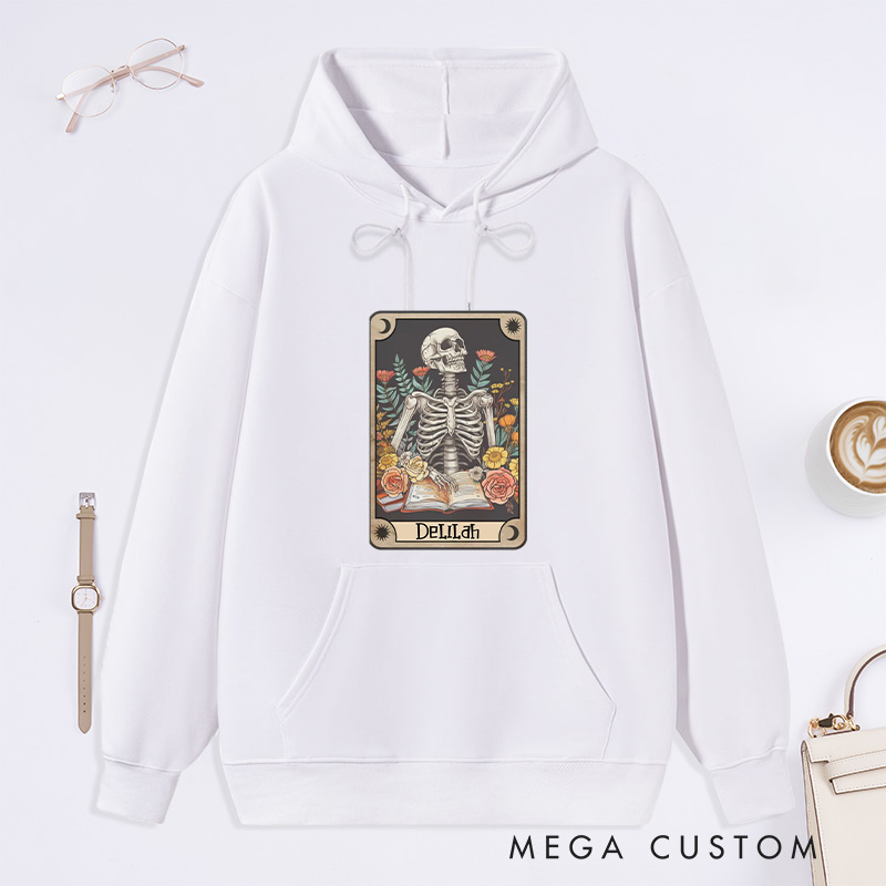 Personalized The Reader Tarot Card Classic Hoodies Skeleton Reading Hoodies Custom Bookish Hoodies with Name Librarian Gift Book Lover Gift