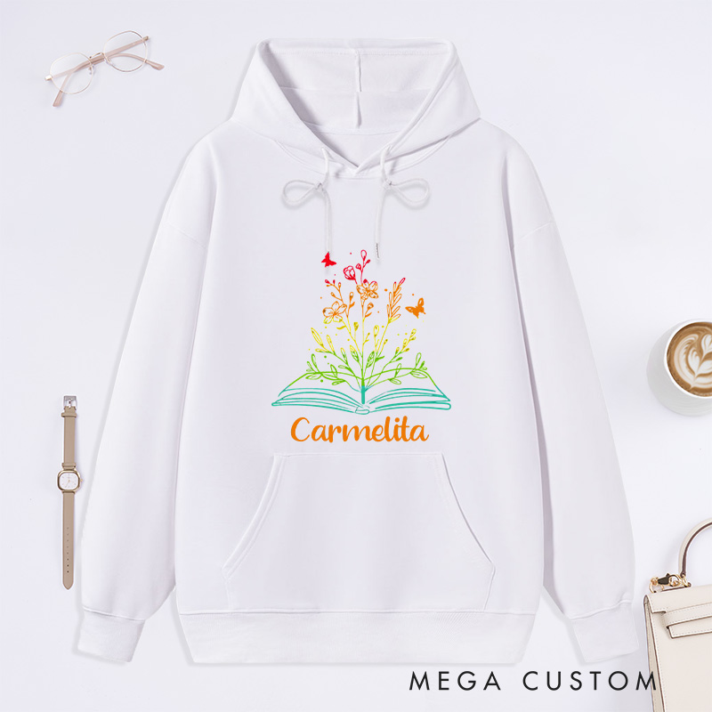 Personalized Book Flower Classic Hoodies Library Hoodies Custom Bookish Hoodies with Name Librarian Gift Book Lover Gift for Reader