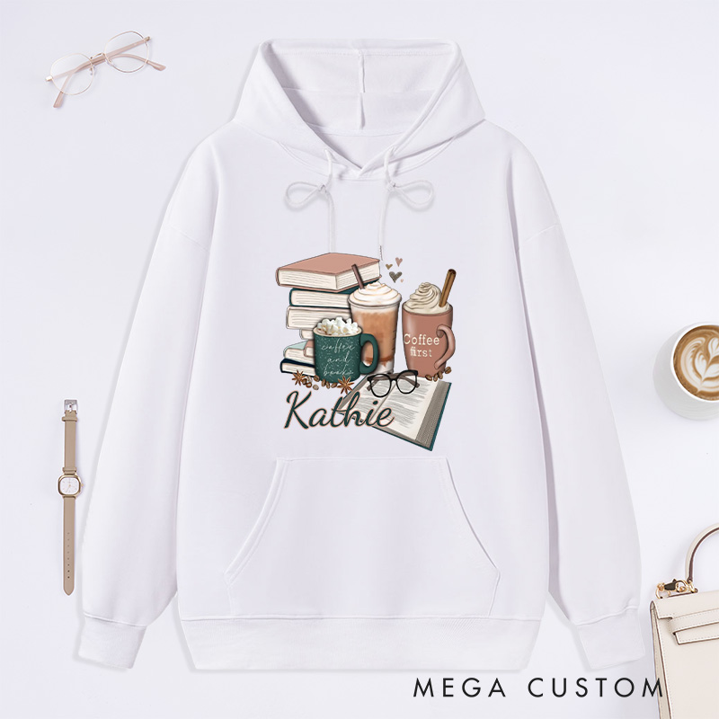 Personalized Coffee and Books Classic Hoodies Custom Book Lover Hoodies with Name Librarian Gift Book Lover Gift for Reader Gift