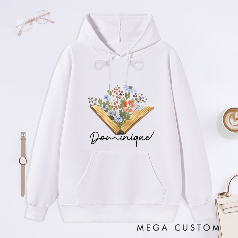 Personalized Flower Book Classic Hoodies Bookish Wildflower Hoodies Custom Book Lover Hoodies with Name Librarian Gift Reading Gift for Reader