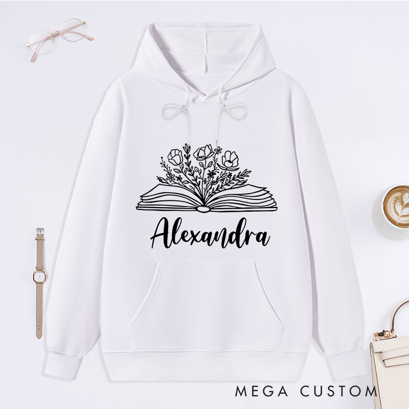 Personalized Book Flowers Classic Hoodies Custom Book Lover Hoodies with Name Reading Hoodies Librarian Gift Book Lover Gift for Reader
