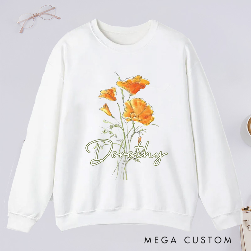 Personalized Golden Poppy Classic Sweatshirts Wildflower Sweatshirt with Name Botanical Sweatshirt Plant Lover Gift Gardening Gift for Gardener