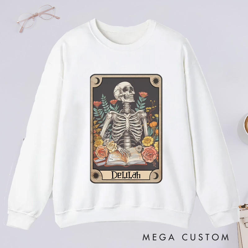 Personalized The Reader Tarot Card Classic Sweatshirts Skeleton Reading Sweatshirt with Name Book Lover Gift Librarian Gift