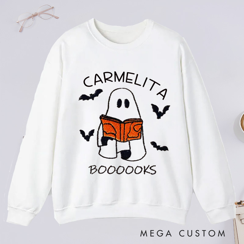 Personalized Booooks Classic Sweatshirts Custom Halloween Sweatshirt with Name Ghost Reading Halloween Gift Book Lovers Gift Librarian Gift