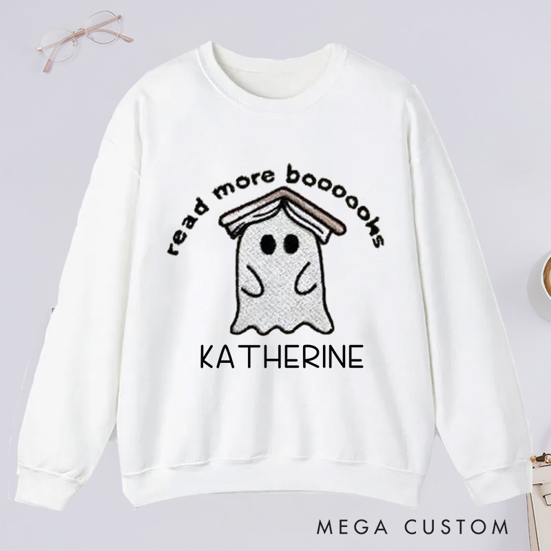 Personalized Ghost Book Classic Sweatshirts Fall Spooky Season Sweatshirt Reading Ghost Sweatshirt Book Lovers Gift Halloween Gift