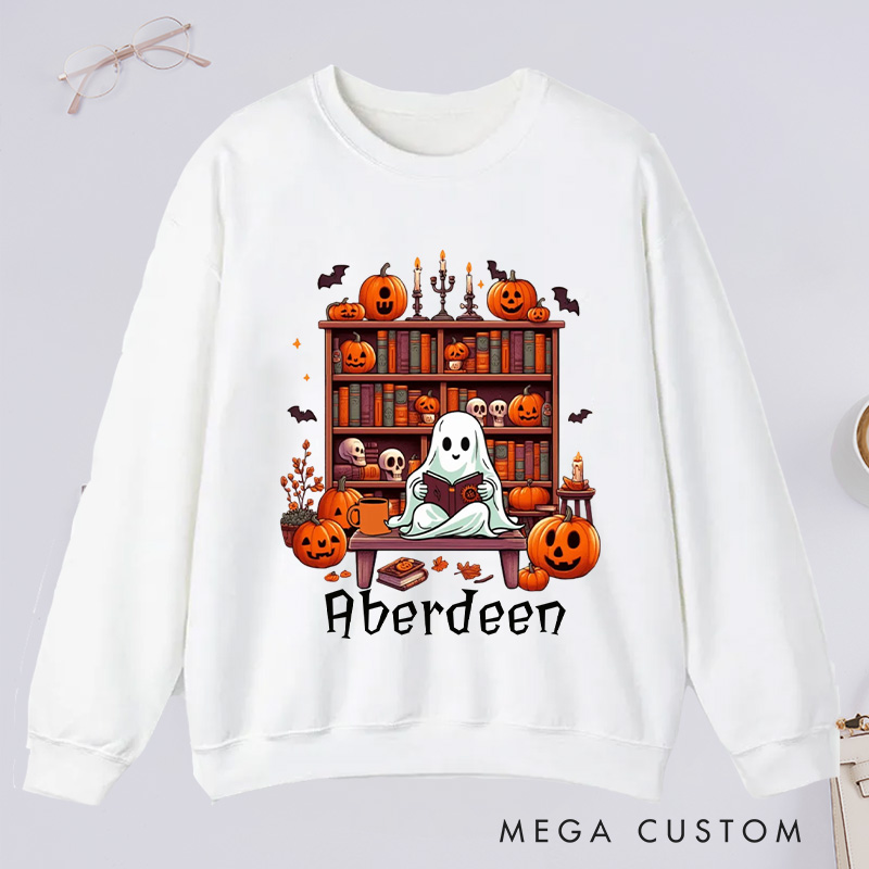 Personalized Ghost Book Reader Classic Sweatshirts Halloween Sweatshirt Bookish Sweatshirt with Name Book Lover Gift Librarian Gift Halloween Gift