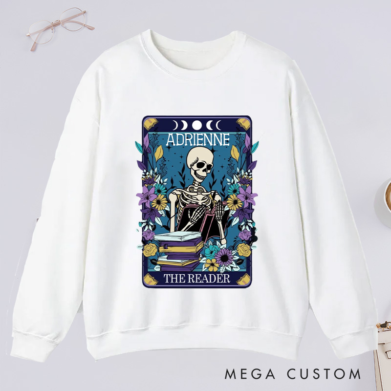 Personalized The Reader Classic Sweatshirts Skeleton Tarot Sweatshirt Bookish Sweatshirt with Name for Book Lover Gift Librarian Gift