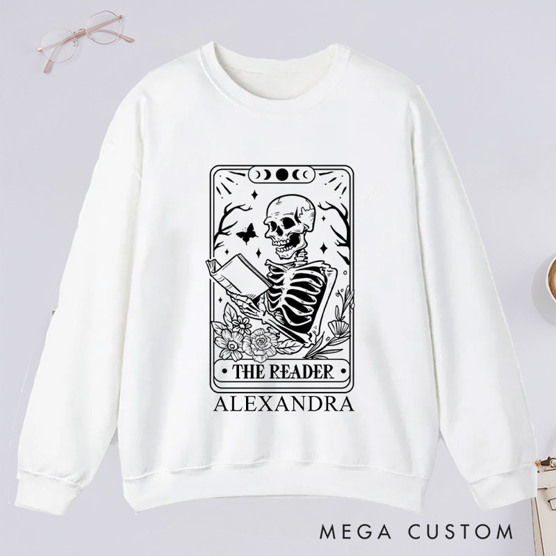 Personalized The Reader Tarot Card Classic Sweatshirts Skeleton Sweatshirt Bookish Sweatshirt with Name Book Lover Gift Librarian Gift Reader Gift