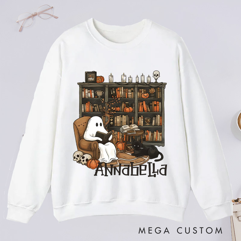 Personalized Retro Ghost Reading Books Classic Sweatshirts Book Lover Sweatshirt Halloween Sweatshirt Reading Gift Librarian Gift Book Lover Gift