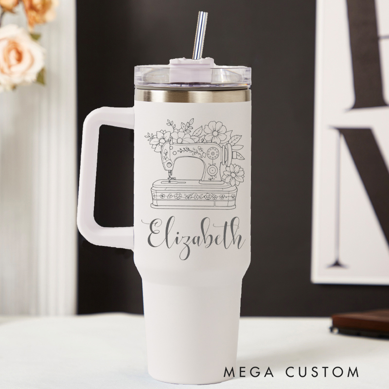 Personalized 40oz Tumbler with Handle Floral Sewing Machine Tumbler and Custom Name