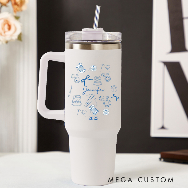 Personalized 40oz Tumbler with Handle Sewing Tools Tumbler and Custom Name