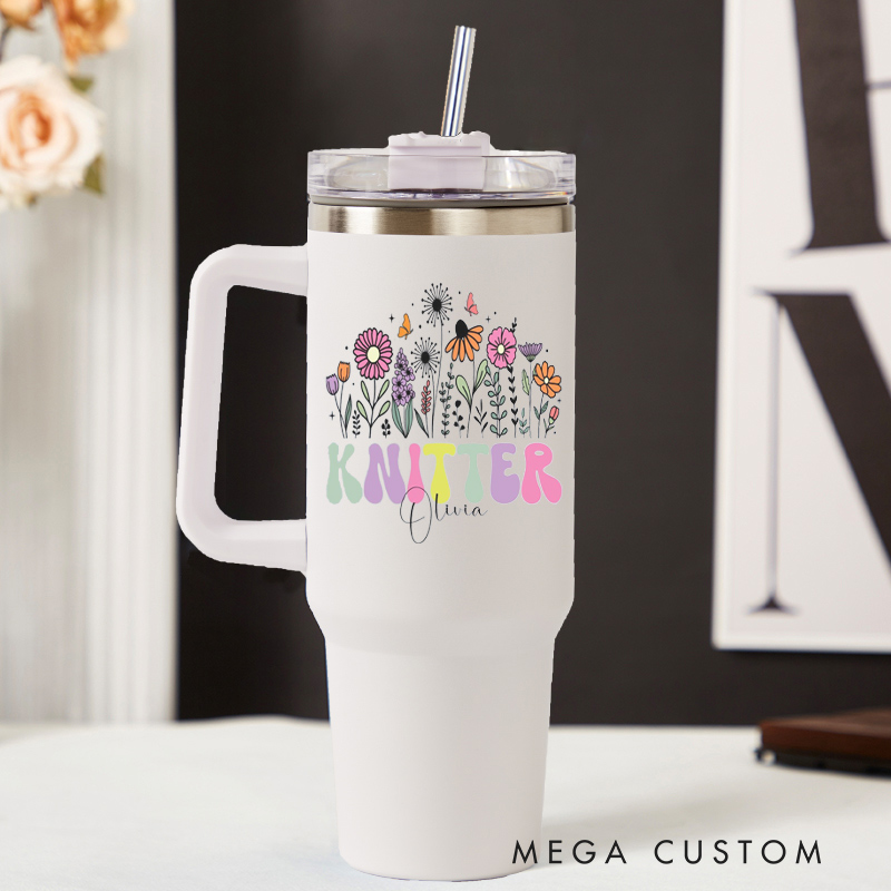 Personalized 40oz Tumbler with Handle Floral Knitter and Custom Name
