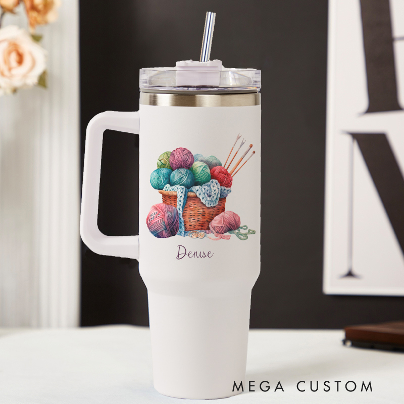 Personalized 40oz Tumbler with Handle Yarn Basket and Custom Name