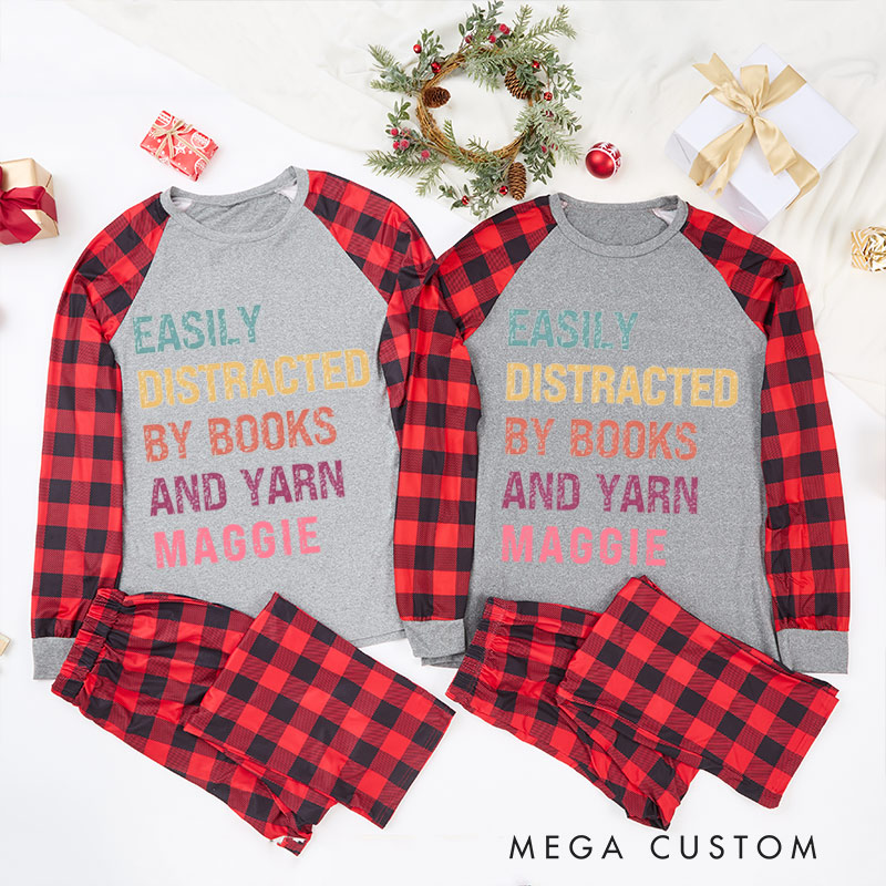 Personalized Knitting Christmas Pajama Sets Funny Christmas Pajama Sets Distracted By Books and Yarn Gift for Knitting Lovers