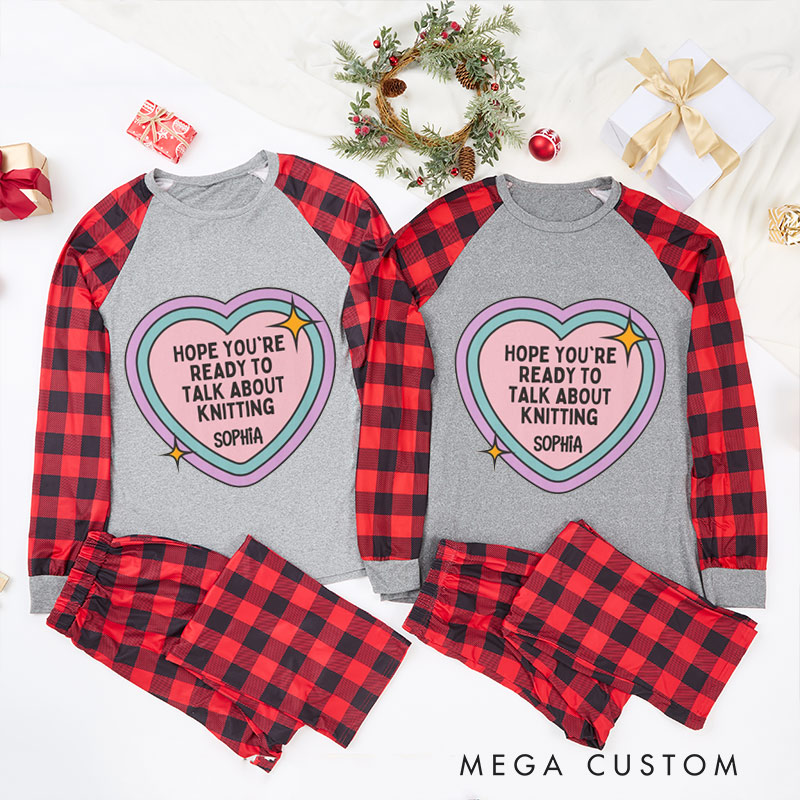 Personalized Knitting Christmas Pajama Sets Funny Christmas Pajama Sets Color Gradient Heart Knitting Text Gift for Knitting Lovers