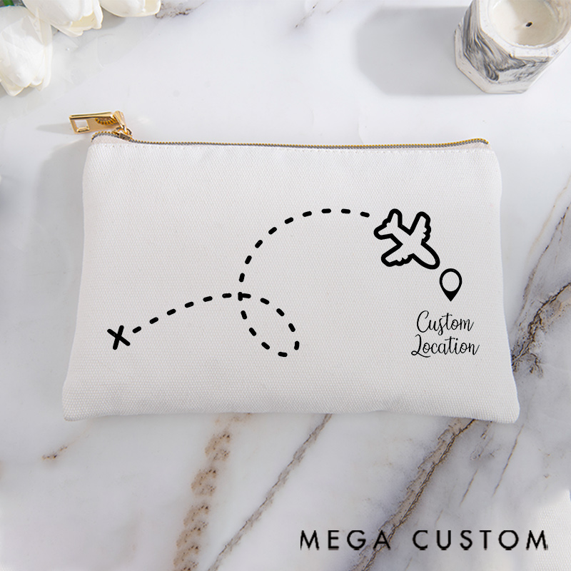 Personalized Makeup Bag Gift for Travel Lovers Air Route Custom Location