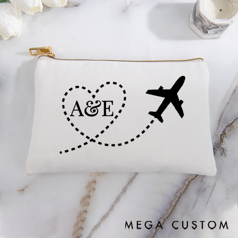 Personalized Makeup Bag Gift for Traveler Custom Initials and Heart Route