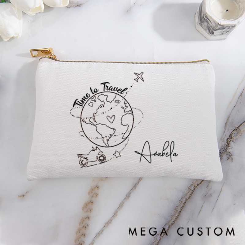 Personalized Makeup Bag Gift for Travel Lovers Time to Travel and Custom Name