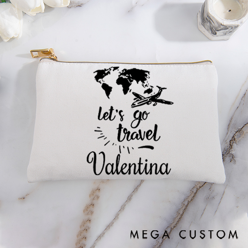 Personalized Makeup Bag Gift for Travel Lovers Map Let's Go Travel and Custom Name