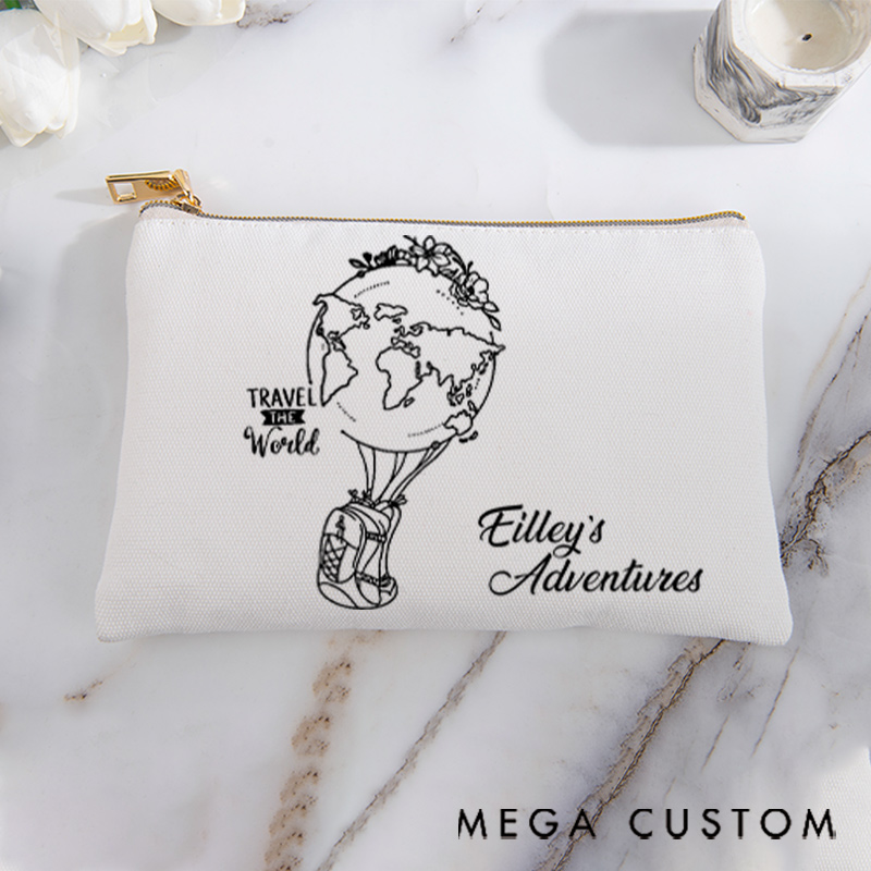 Personalized Makeup Bag Gift for Travel Lovers Hot Air Balloon Earth and Custom Name Adventures
