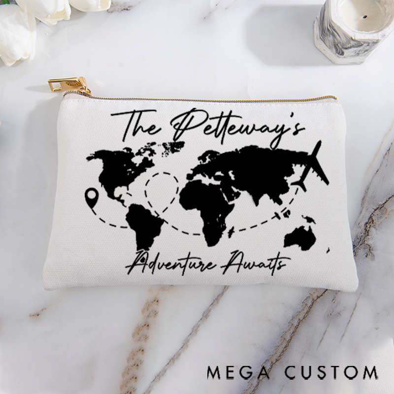 Personalized Makeup Bag Gift for Travel Lovers Adventure Awaits and Custom Name