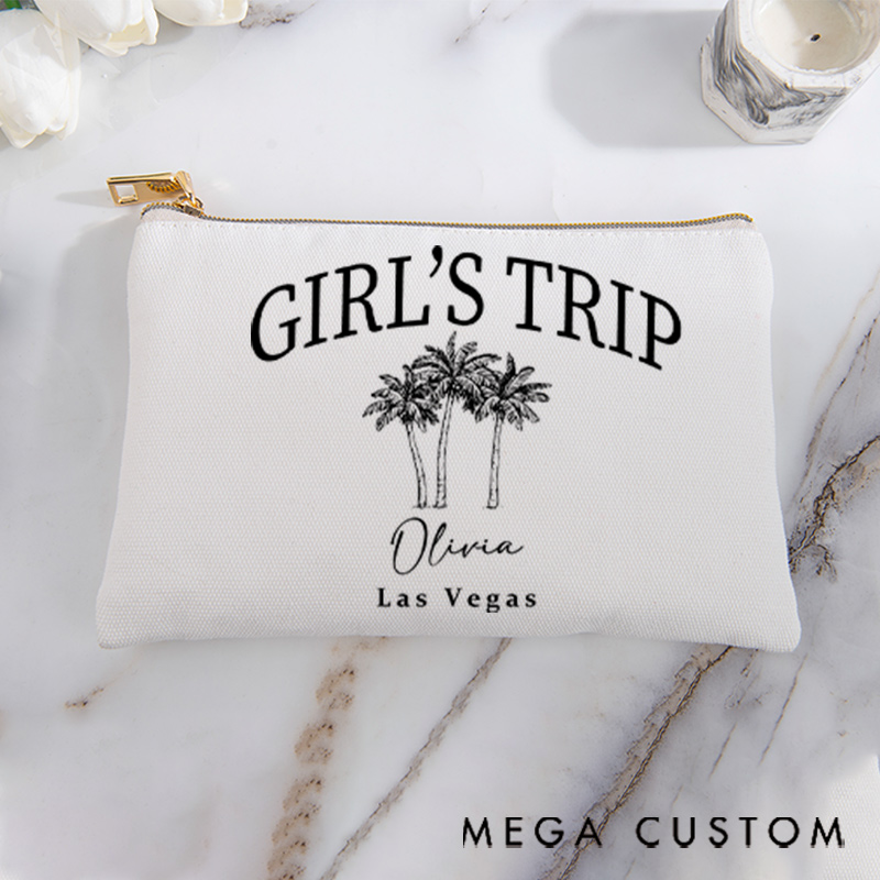 Personalized Makeup Bag Gift for Travel Lovers Girls Trip Custom Name and Destination