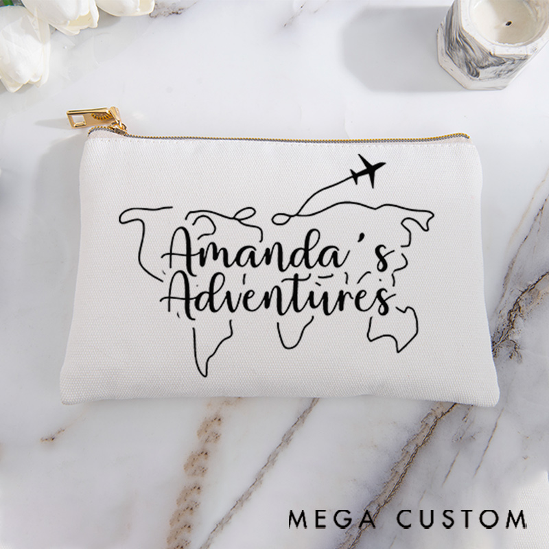 Personalized Makeup Bag Gift for Travel Lovers Line Map and Custom Traveler's Name Adventure