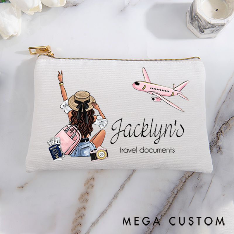 Personalized Makeup Bag Traveling Gift for Traveler Girl's Travel Documents and Custom Name
