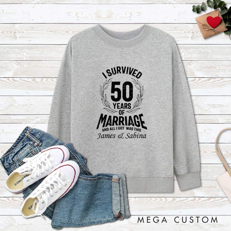 Personalized Couple 50th Anniversary Sweatshirt I Survived 50 Years of Marriage Outfit Anniversary Humorous Golden Sweatshirt Couple Gift Tee