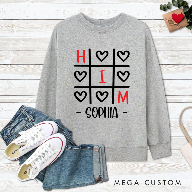 Personalized Couple Tic-Tac-Toe Her and Him Matching Sweatshirt Couple Valentine's Day Sweatshirt for Husband Wife Boyfriend Girlfriend