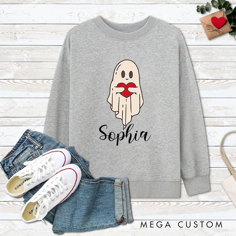 Personalized Couple Ghost Holding a Heart Matching Sweatshirt with Name Couple Valentine's Day Sweatshirt for Husband Wife Boyfriend Girlfriend